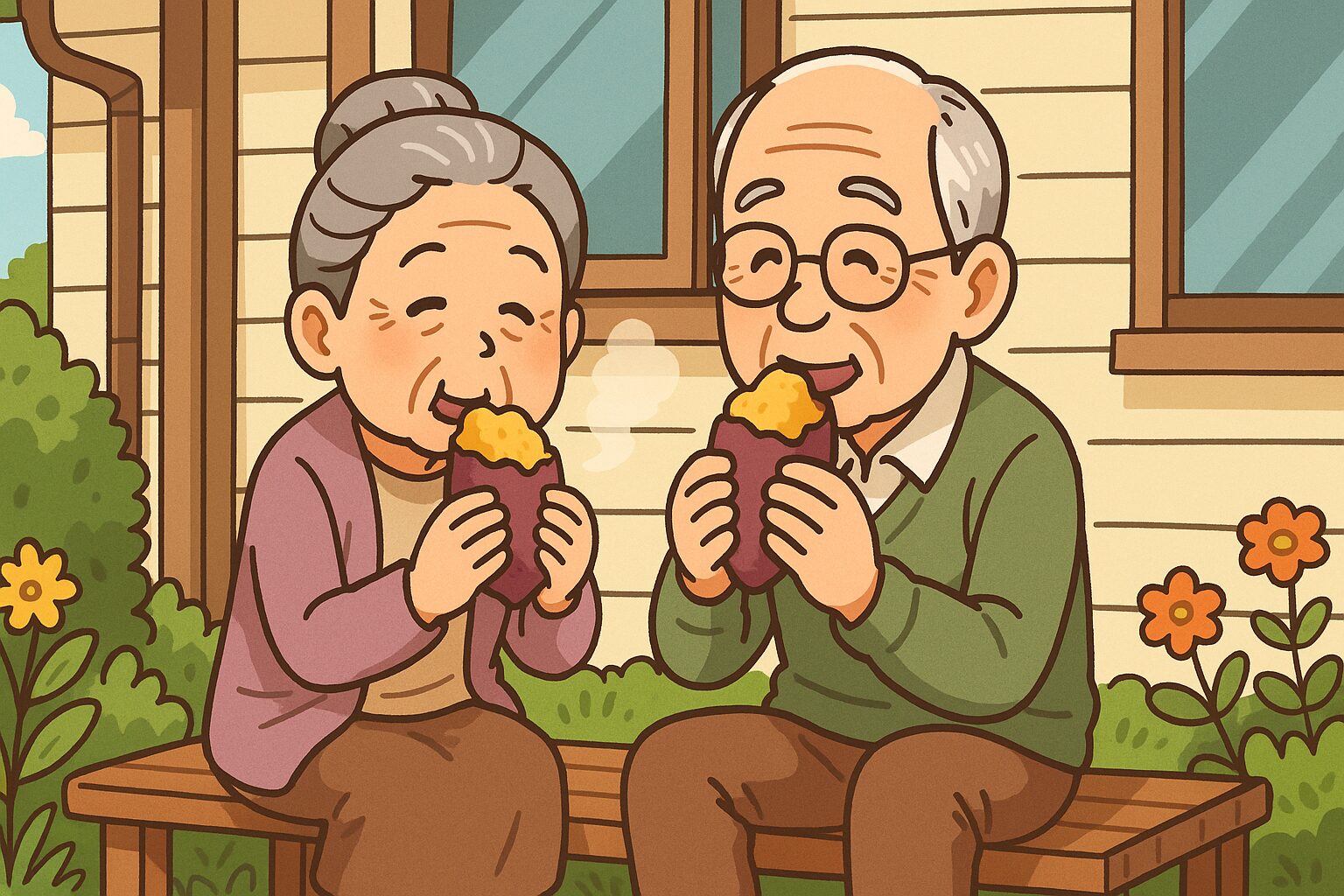 芋を食べる老夫婦